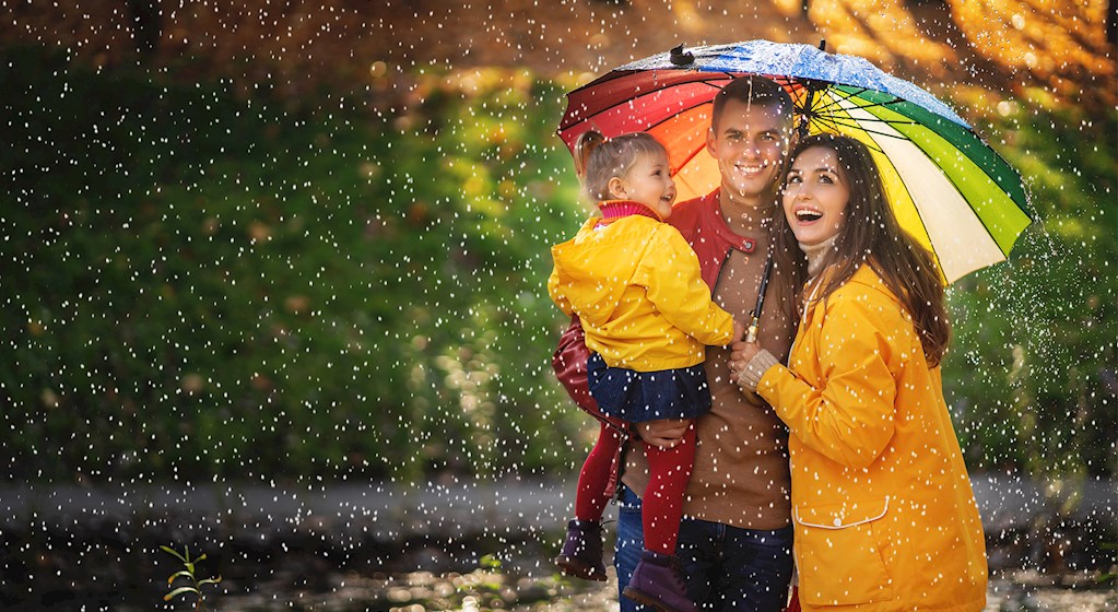 Rainwear family in rain